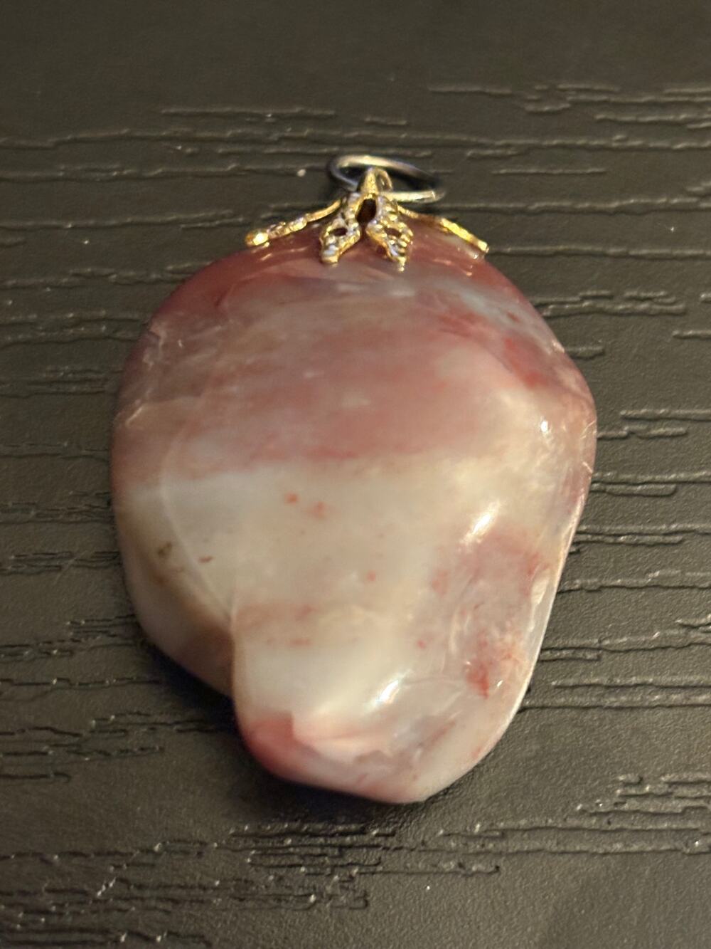 Vintage Pink Banded Agate Freeform Pendant Gold Tone